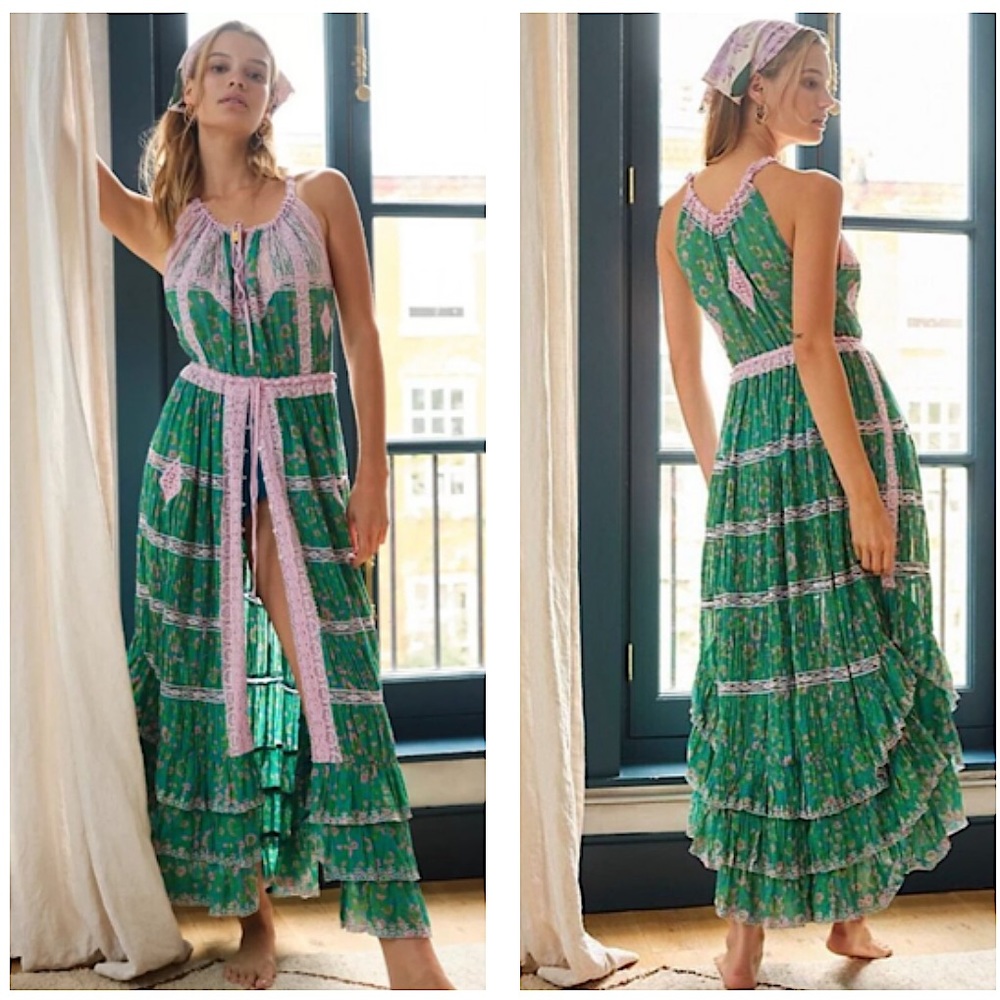 FREE PEOPLE INTIMATELY DOLLY MAXI DRESS BODYSUIT MEDIUM GREEN PINK